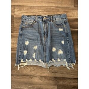 LITZ by UNIQ Distressed Denim Mini Skirt M Raw Hem Y2K Streetwear Blue